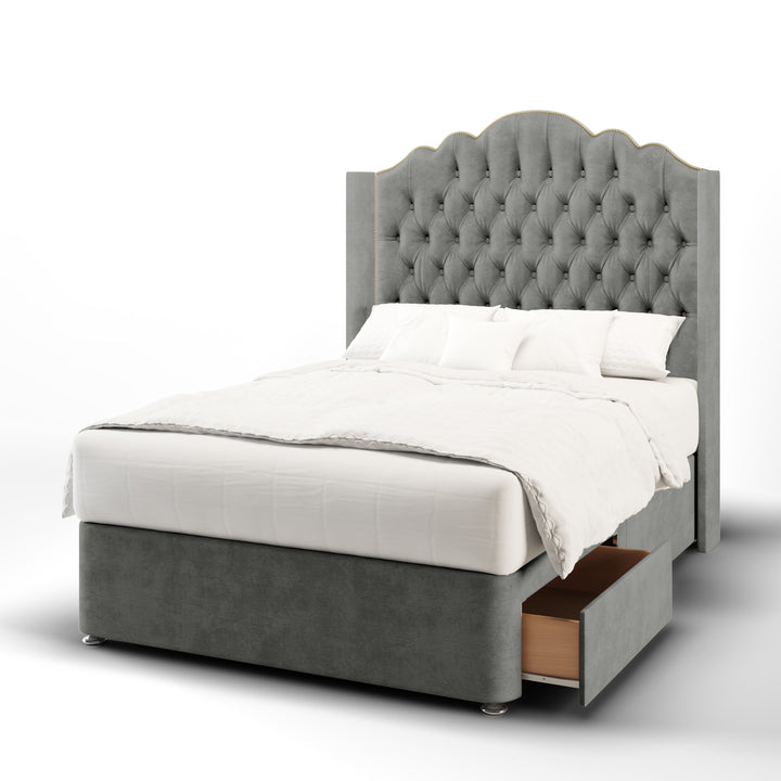 Amelia Chesterfield Fabric Upholstered Straight Winged Headboard with Divan Bed Base & Mattress