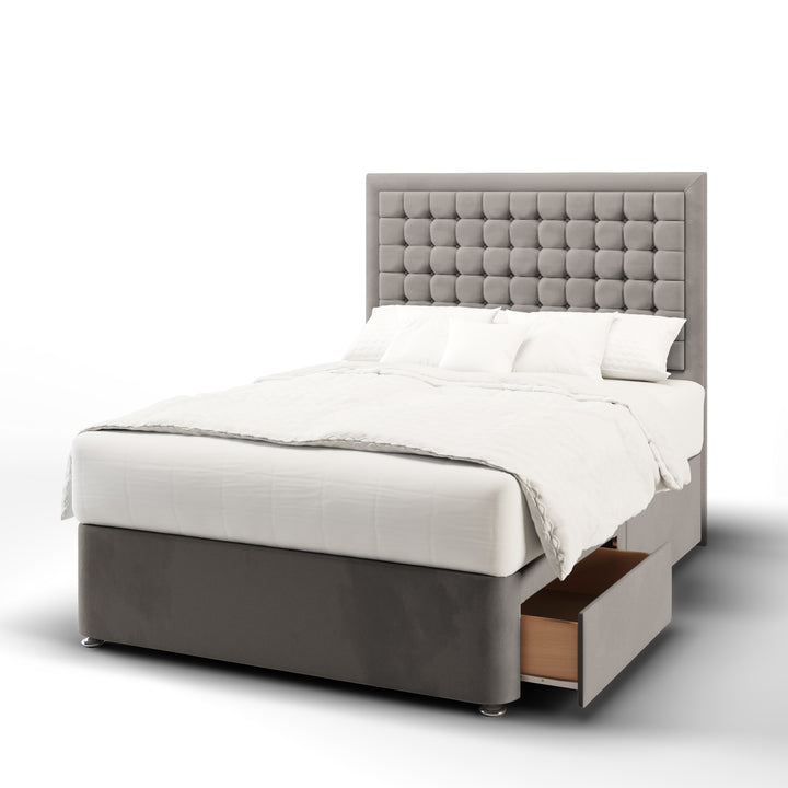Cubic Small Buttoned Border Fabric Upholstered Floor Standing Headboard with Divan Bed Base & Mattress