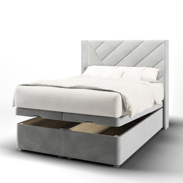 Multi Diagonal Panels Fabric Upholstered Straight Winged Headboard with Ottoman Storage Bed Base & Mattress