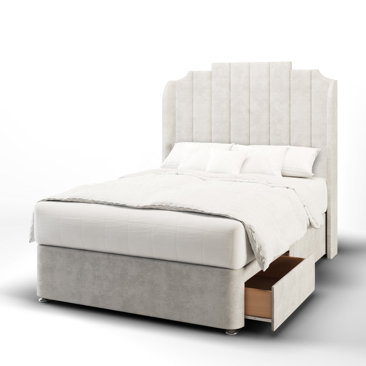 Art Deco Fabric Upholstered Top Curve Winged Headboard with Divan Bed Base & Mattress