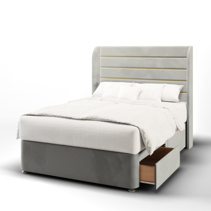 Horizontal Panels Gold Strips Fabric Upholstered Top Curve Winged Headboard with Divan Bed Base & Mattress