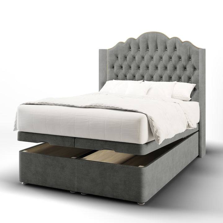 Amelia Chesterfield Fabric Upholstered Straight Winged Headboard with Ottoman Storage Bed Base & Mattress