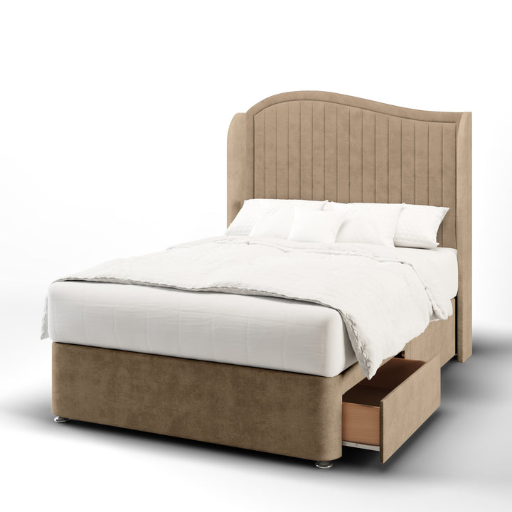 Wave Fabric Upholstered Top Curve Winged Headboard with Divan Bed Base & Mattress
