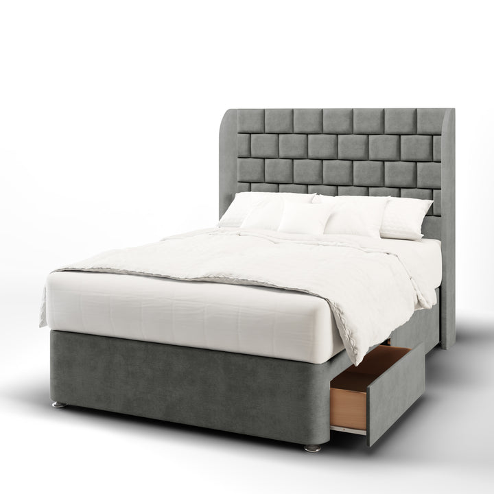 Cubed Fabric Upholstered Top Curve Winged Headboard with Divan Bed Base & Mattress