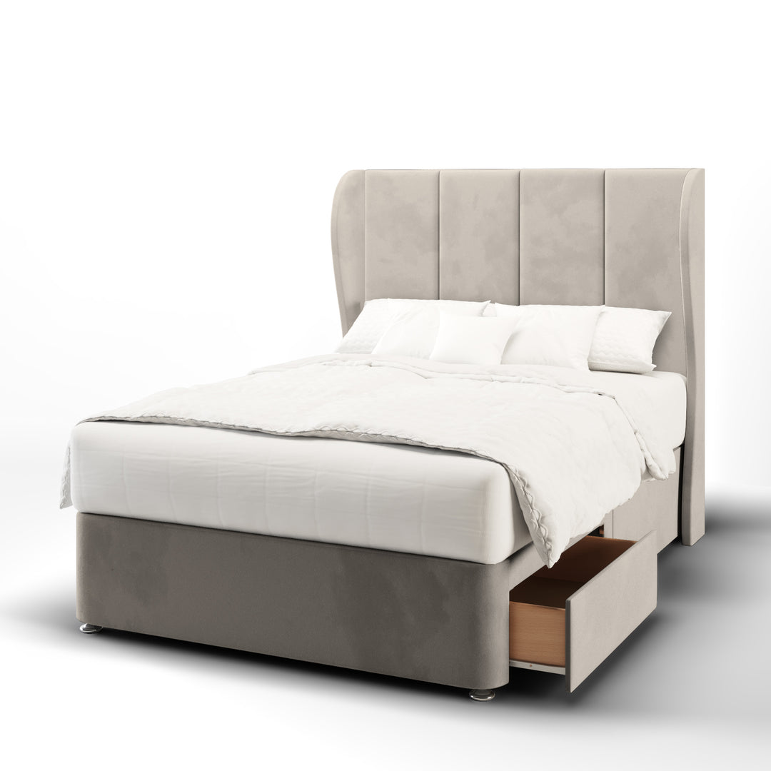 4 Panel Fabric Upholstered Middle Curve Winged Headboard with Divan Bed Base & Mattress