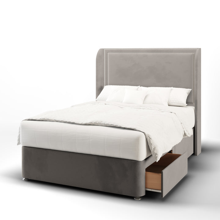Plain Studded Border Fabric Upholstered Top Curve Winged Headboard with Divan Bed Base & Mattress