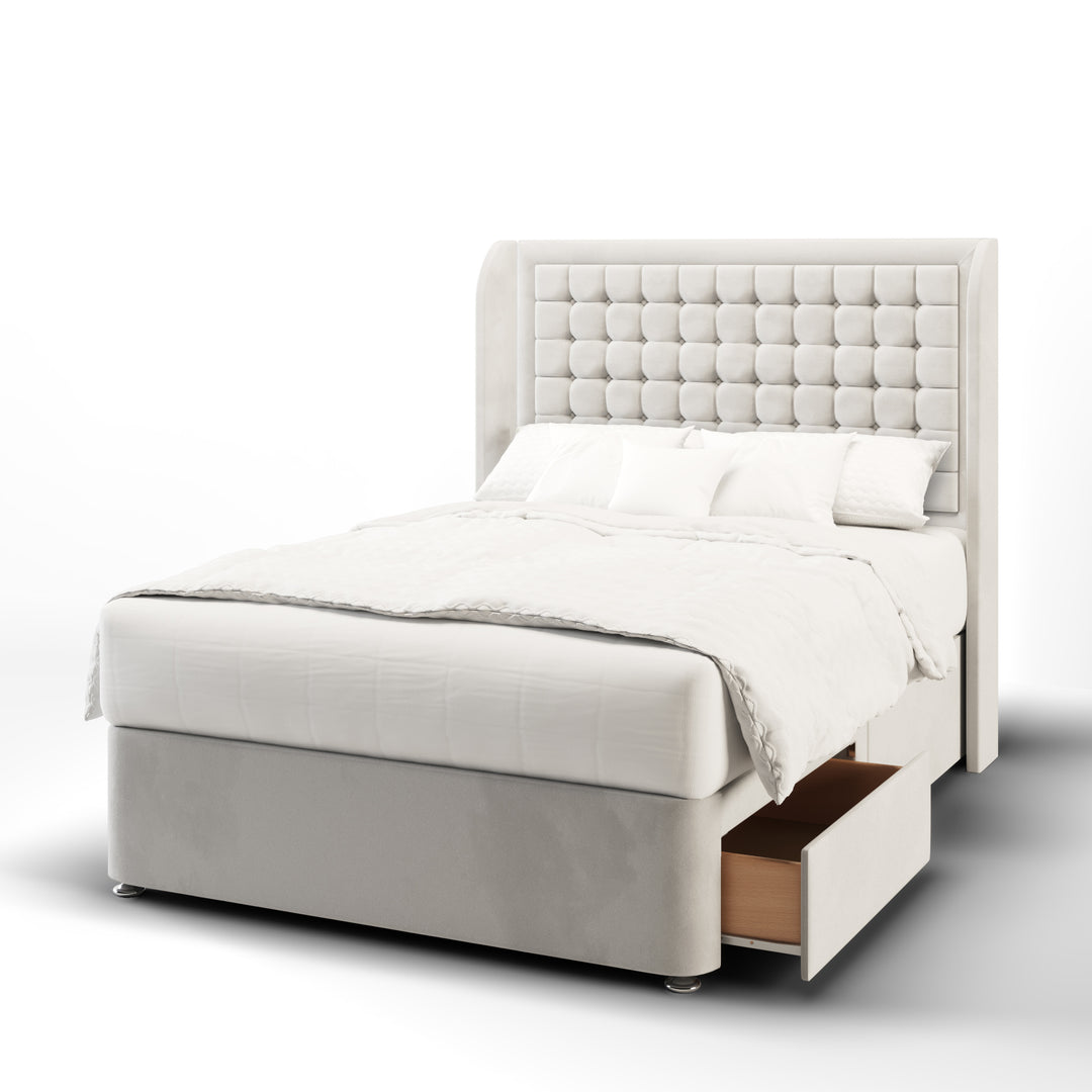 Cubic Small Border Fabric Upholstered Top Curve Winged Headboard with Divan Bed Base & Mattress