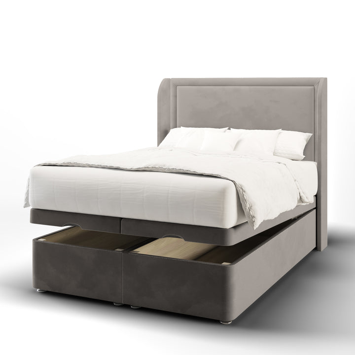 Plain Border Fabric Upholstered Top Curve Winged Headboard with Ottoman Storage Bed Base & Mattress