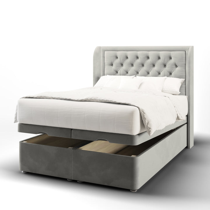Chesterfield Border Fabric Upholstered Top Curve Winged Headboard with Ottoman Storage Bed Base & Mattress