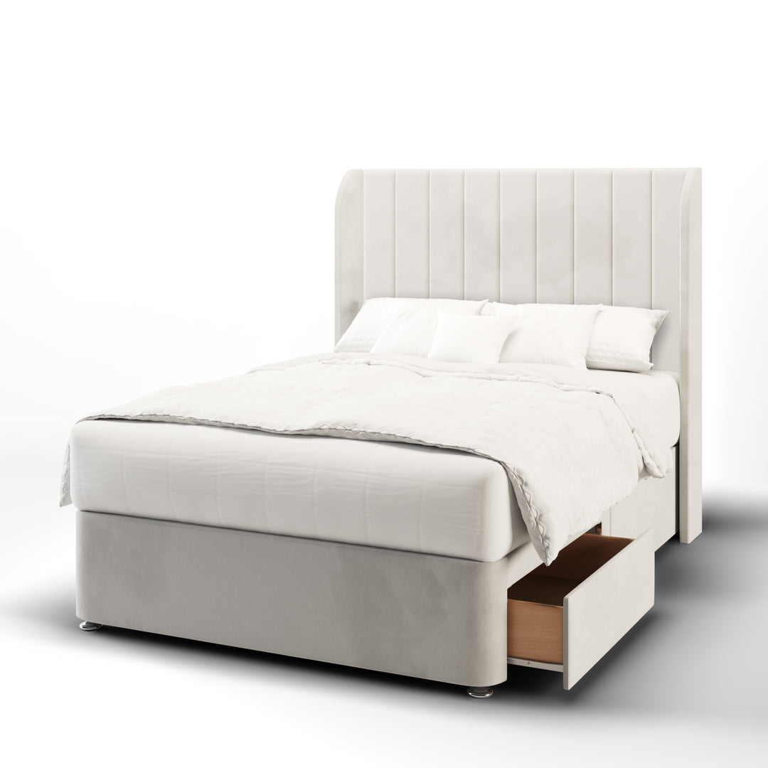 Vertical Panels Fabric Upholstered Top Curve Winged Headboard with Divan Bed Base & Mattress