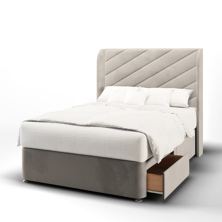 Diagonal Panels Fabric Upholstered Top Curve Winged Headboard with Divan Bed Base & Mattress
