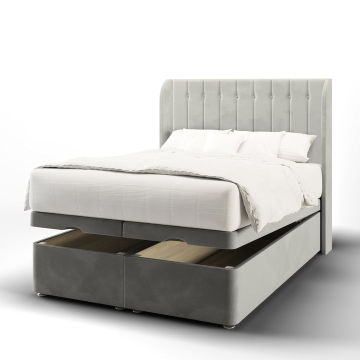 Vertical Panels Buttoned Fabric Upholstered Top Curve Winged Headboard with Ottoman Storage Bed Base & Mattress