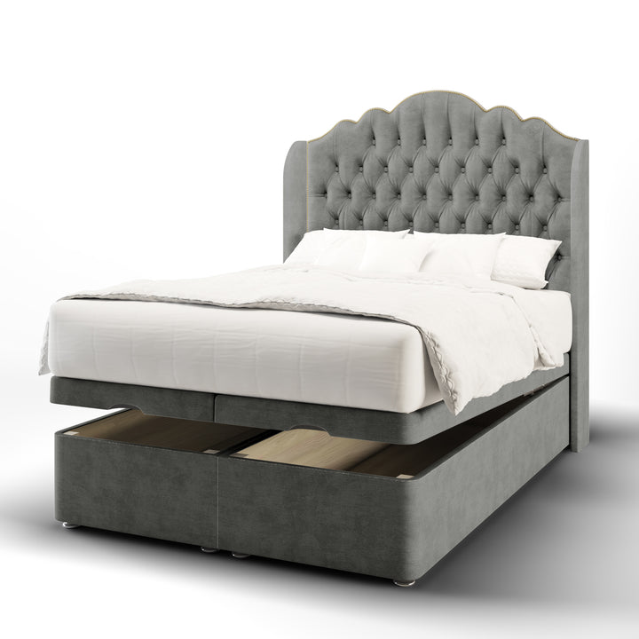 Amelia Chesterfield Fabric Upholstered Top Curve Winged Headboard with Ottoman Storage Bed Base & Mattress
