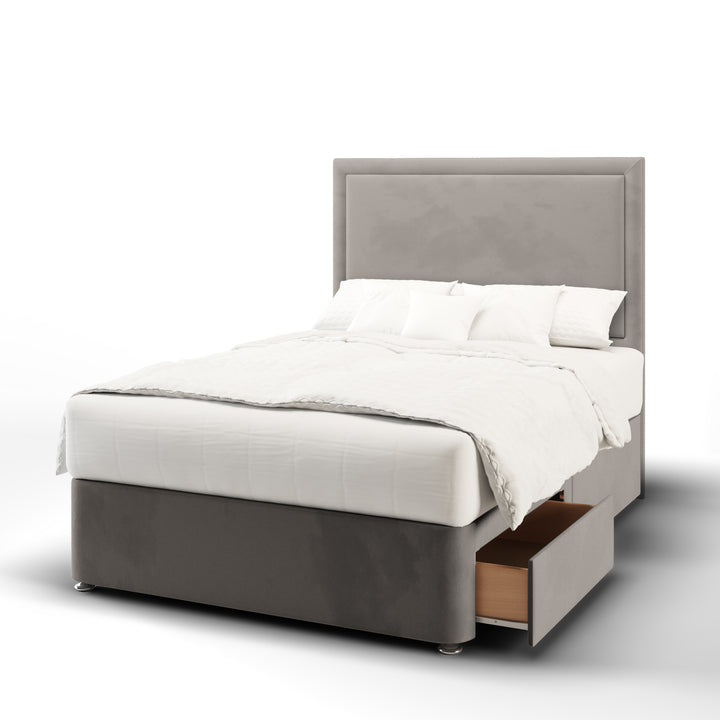 Plain Border Fabric Upholstered Floor Standing Headboard with Divan Bed Base & Mattress