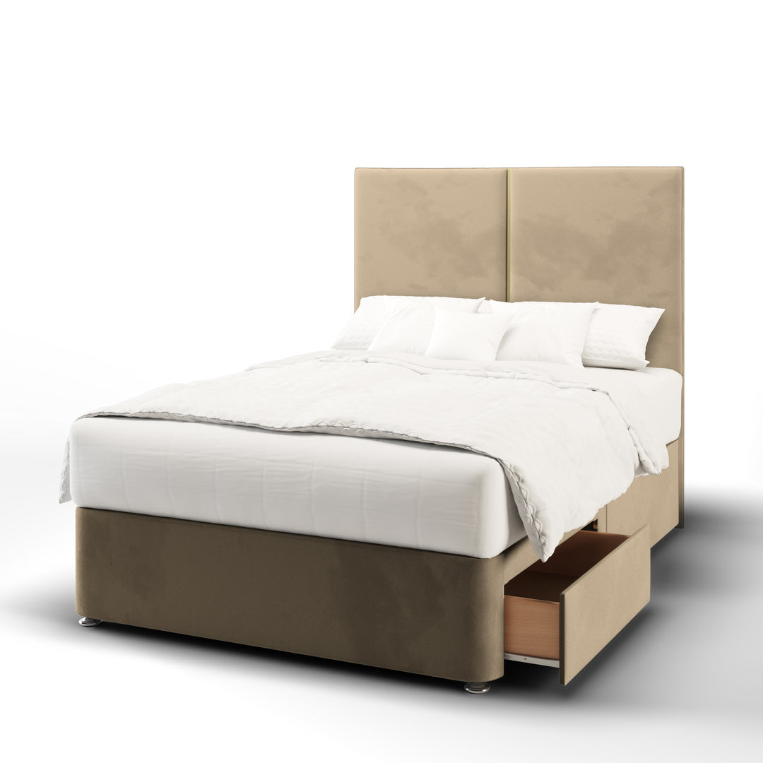 2 Panel Gold Strip Fabric Upholstered Floor Standing Headboard with Divan Bed Base & Mattress
