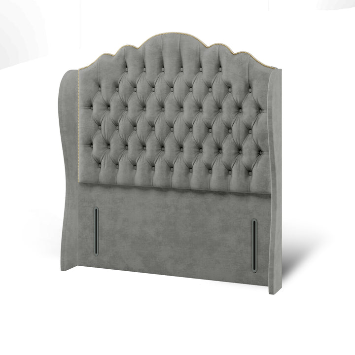 Amelia Chesterfield Fabric Upholstered Middle Curve Winged Headboard with Ottoman Storage Bed Base & Mattress