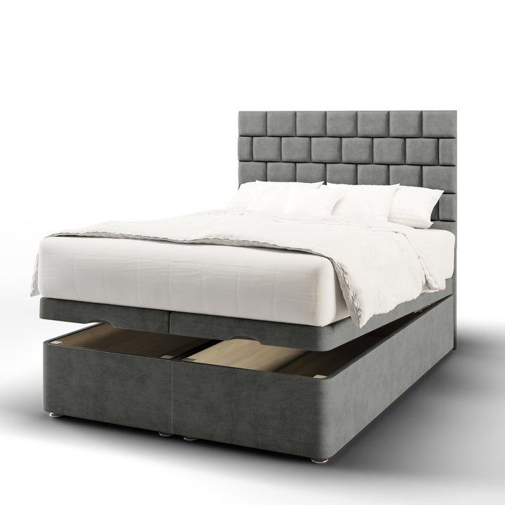 Cubed Fabric Upholstered Floor Standing Headboard with Ottoman Storage Bed Base & Mattress