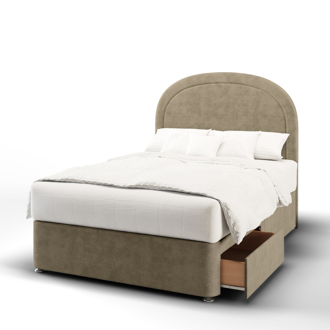 Arched Border Fabric Upholstered Floor Standing Headboard with Divan Bed Base & Mattress