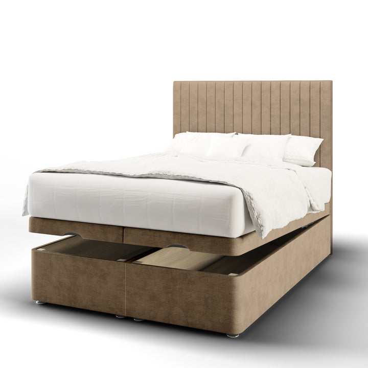 Fluted Fabric Upholstered Floor Standing Headboard with Ottoman Storage Bed Base & Mattress