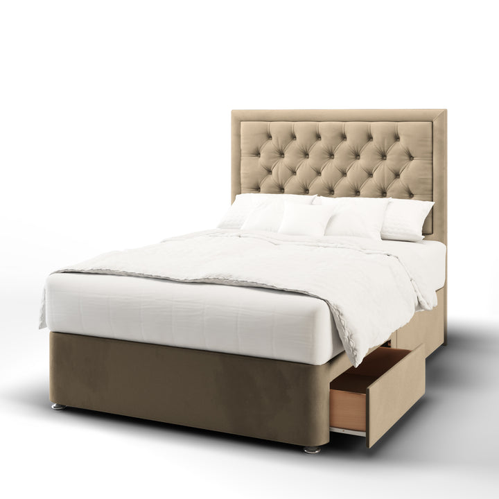Chesterfield Buttoned Border Fabric Upholstered Floor Standing Headboard with Divan Bed Base & Mattress