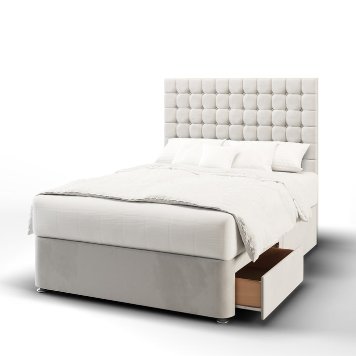 Cubic Small Buttoned Fabric Upholstered Floor Standing Headboard with Divan Bed Base & Mattress