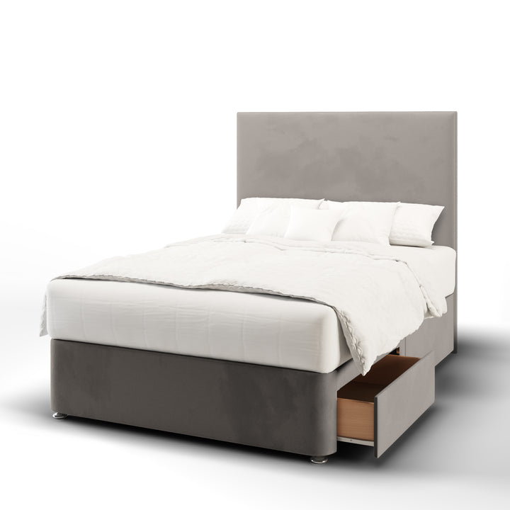 Plain Fabric Upholstered Floor Standing Headboard with Divan Bed Base & Mattress