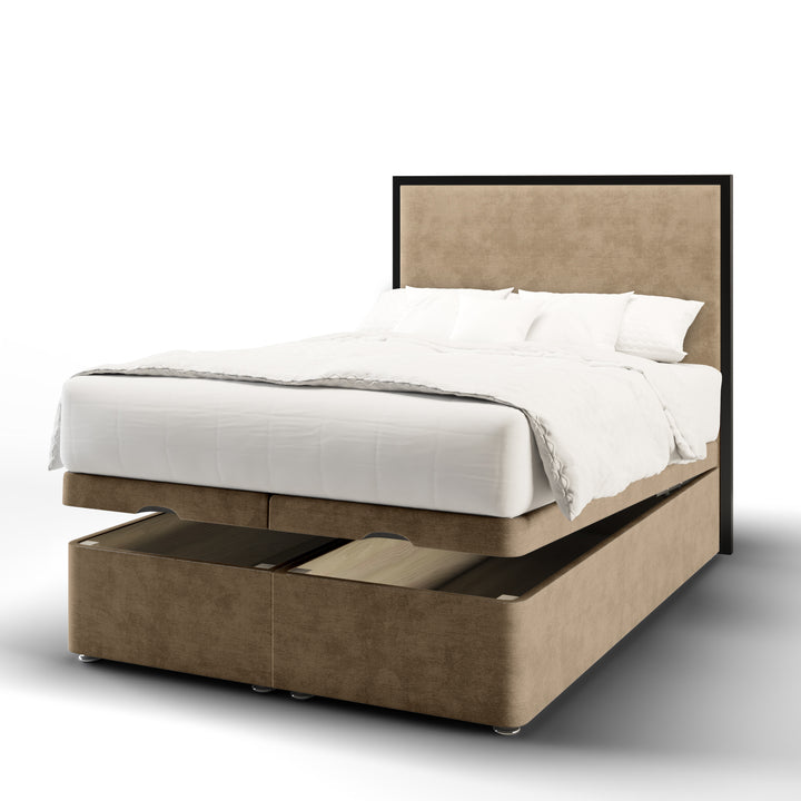 Metal Frame Fabric Upholstered Floor Standing Headboard with Ottoman Storage Bed Base & Mattress