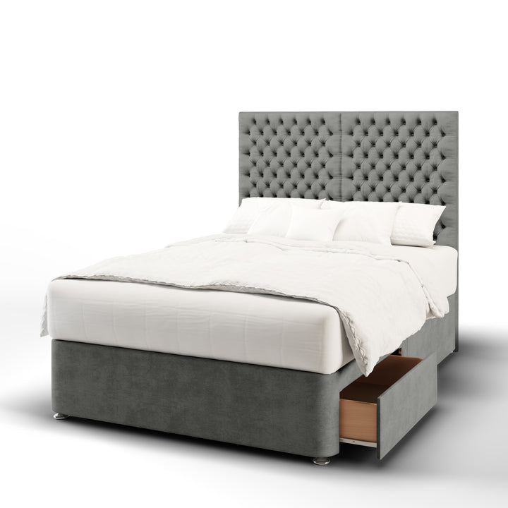2 Panel Chesterfield Fabric Upholstered Floor Standing Headboard with Divan Bed Base & Mattress