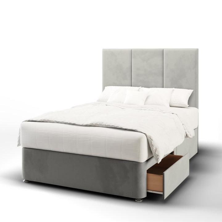 3 Panel Fabric Upholstered Floor Standing Headboard with Divan Bed Base & Mattress