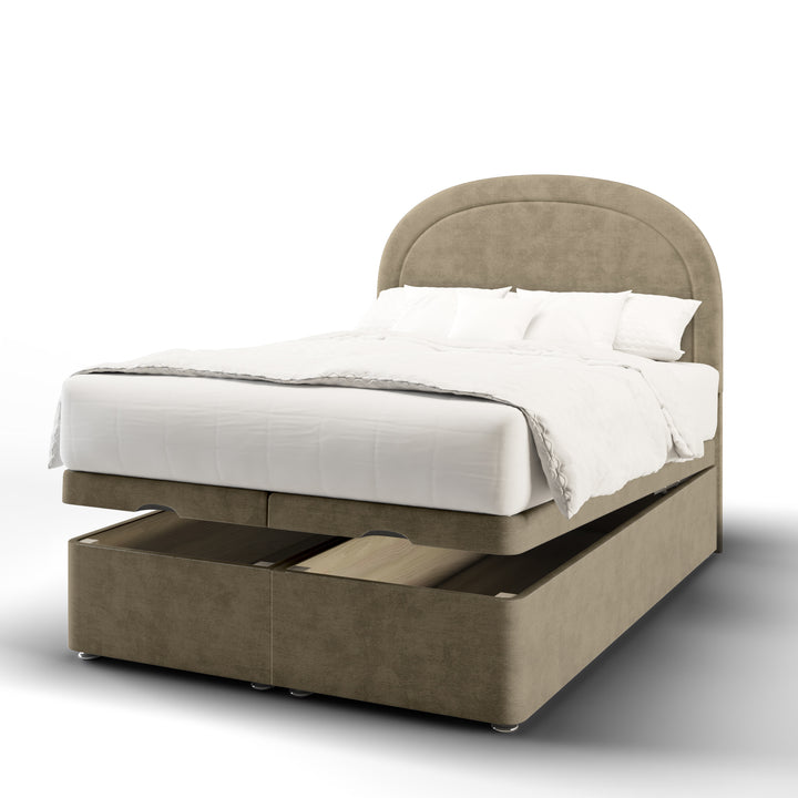 Arched Border Fabric Upholstered Floor Standing Headboard with Ottoman Storage Bed Base & Mattress