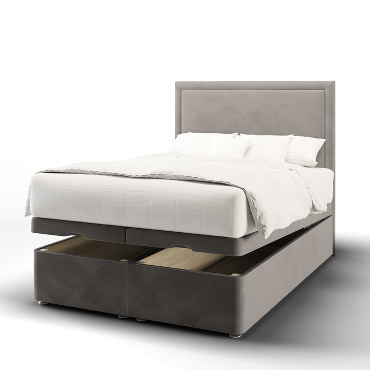 Plain Border Fabric Upholstered Floor Standing Headboard with Ottoman Storage Bed Base & Mattress