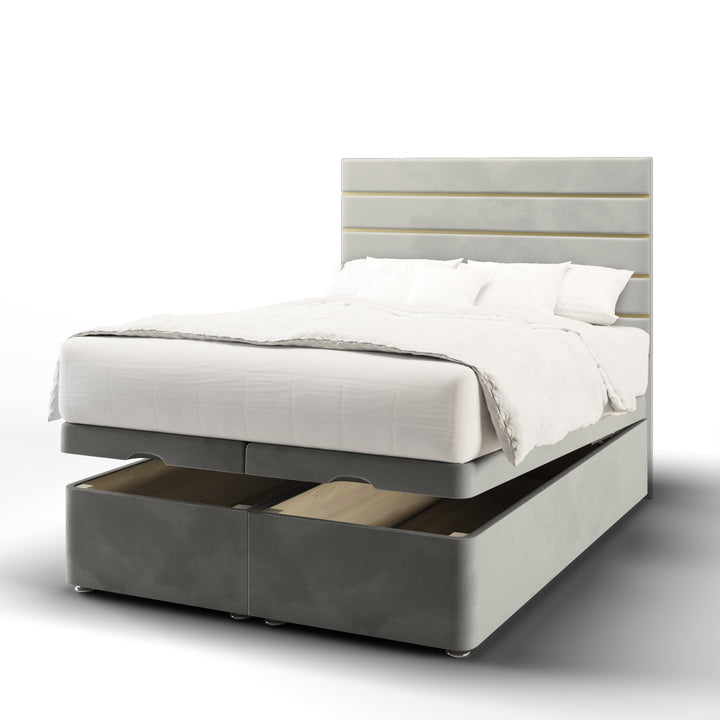 Horizontal Panels Gold Strips Fabric Upholstered Floor Standing Headboard with Ottoman Storage Bed Base & Mattress
