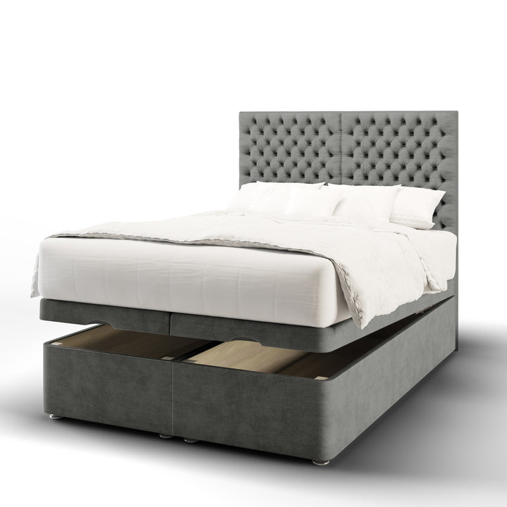 2 Panel Chesterfield Fabric Upholstered Floor Standing Headboard with Ottoman Storage Bed Base & Mattress
