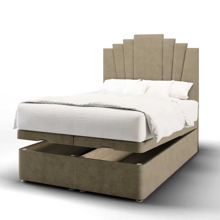 Gatsby Fabric Upholstered Floor Standing Headboard with Ottoman Storage Bed Base & Mattress