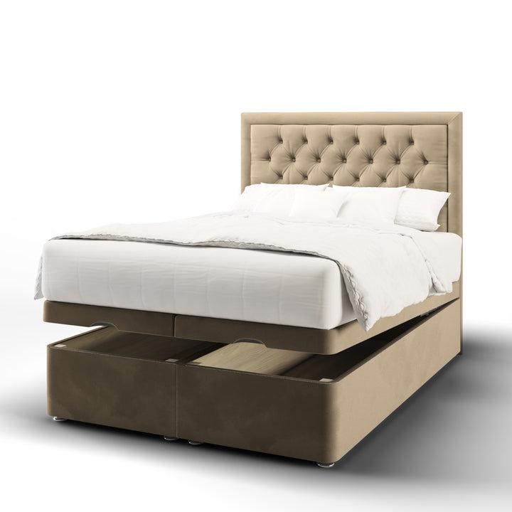 Chesterfield Border Fabric Upholstered Floor Standing Headboard with Ottoman Storage Bed Base & Mattress