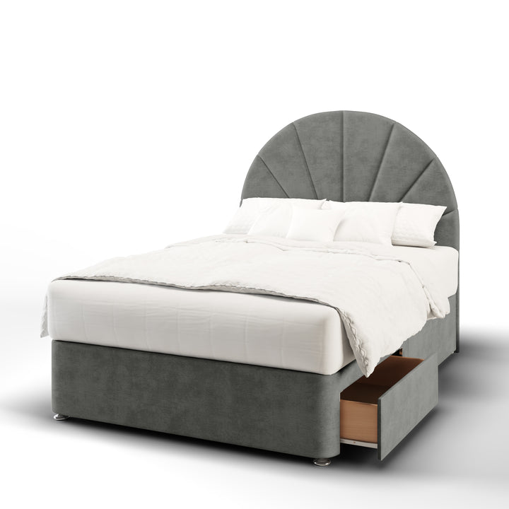 Half Moon Vertical Lines Fabric Upholstered Floor Standing Headboard with Divan Bed Base & Mattress