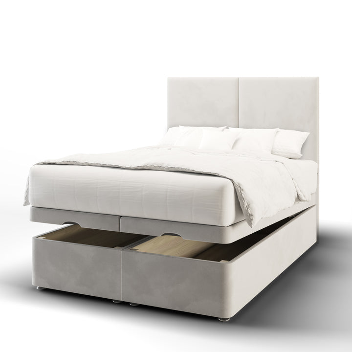 2 Panel Fabric Upholstered Floor Standing Headboard with Ottoman Storage Bed Base & Mattress