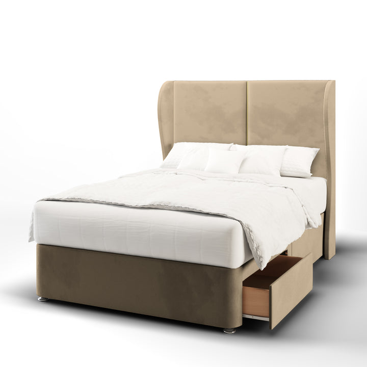 2 Panel Gold Strip Fabric Upholstered Middle Curve Winged Headboard with Divan Bed Base & Mattress