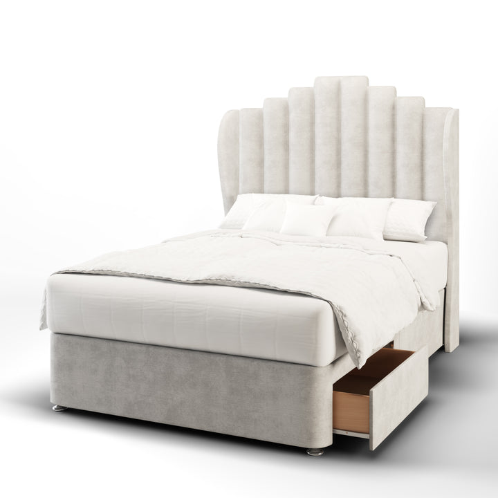Coco Fabric Upholstered Middle Curve Winged Headboard with Divan Bed Base & Mattress