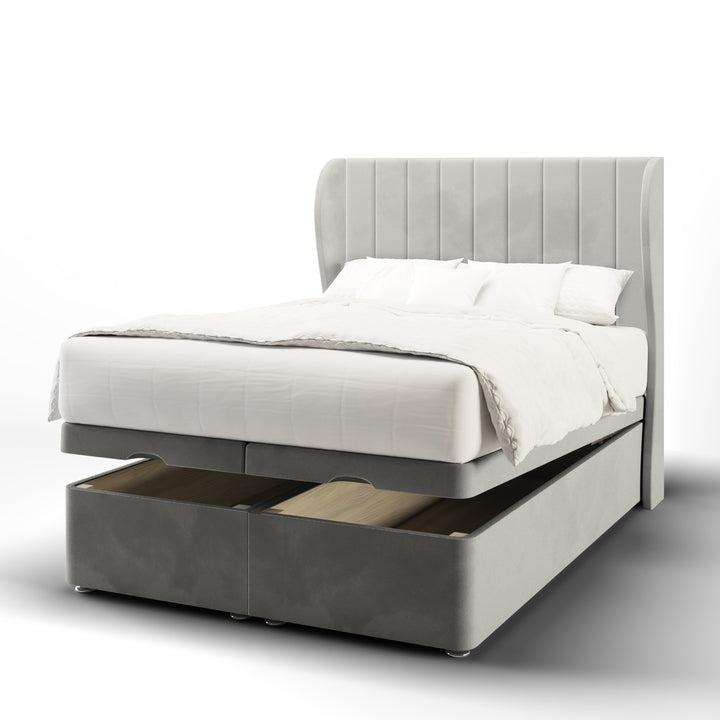 Vertical Panels Fabric Upholstered Middle Curve Winged Headboard with Ottoman Storage Bed Base & Mattress