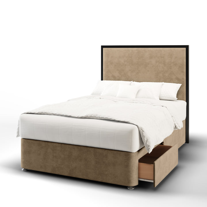 Metal Frame Fabric Upholstered Floor Standing Headboard with Divan Bed Base & Mattress