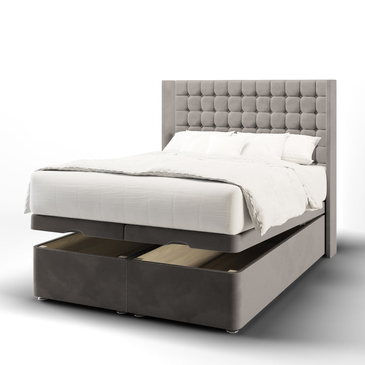 Cubic Small Buttoned Fabric Upholstered Straight Winged Headboard with Ottoman Storage Bed Base & Mattress