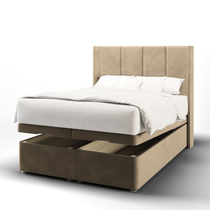 4 Panel Fabric Upholstered Straight Winged Headboard with Ottoman Storage Bed Base & Mattress