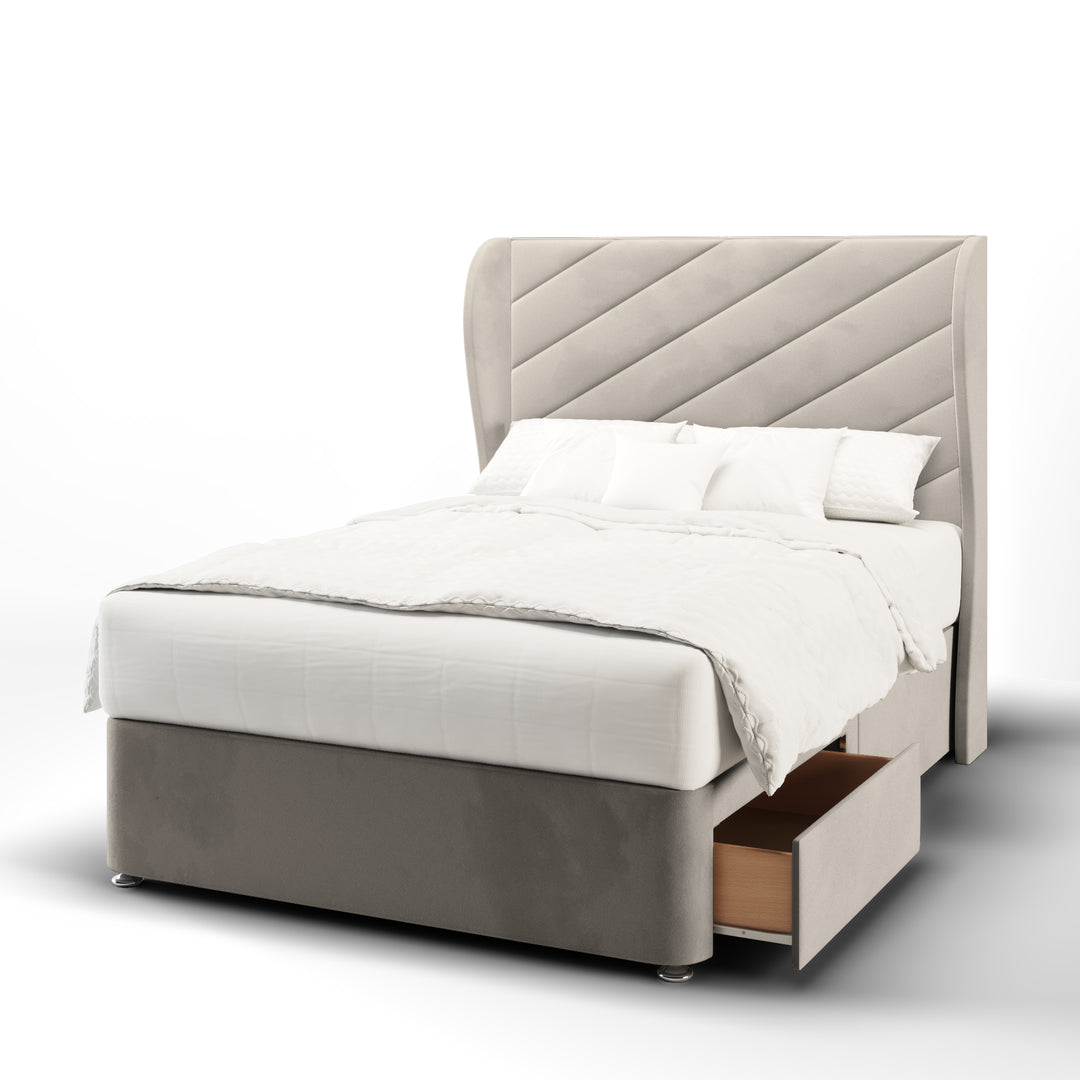 Diagonal Panels Fabric Upholstered Middle Curve Winged Headboard with Divan Bed Base & Mattress