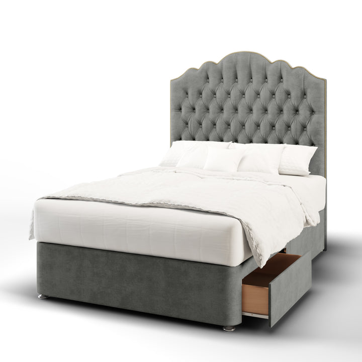 Amelia Chesterfield Fabric Upholstered Floor Standing Headboard with Divan Bed Base & Mattress