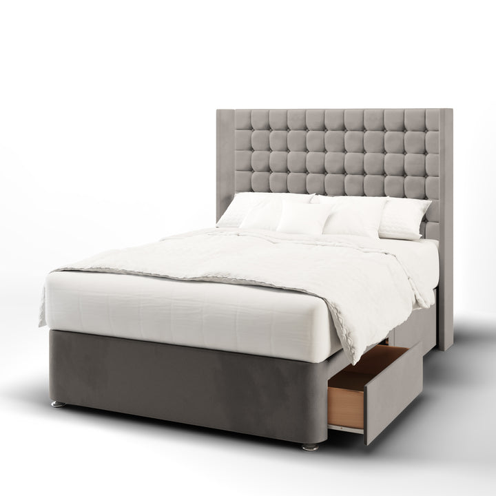 Cubic Small Fabric Upholstered Straight Winged Headboard with Divan Bed Base & Mattress