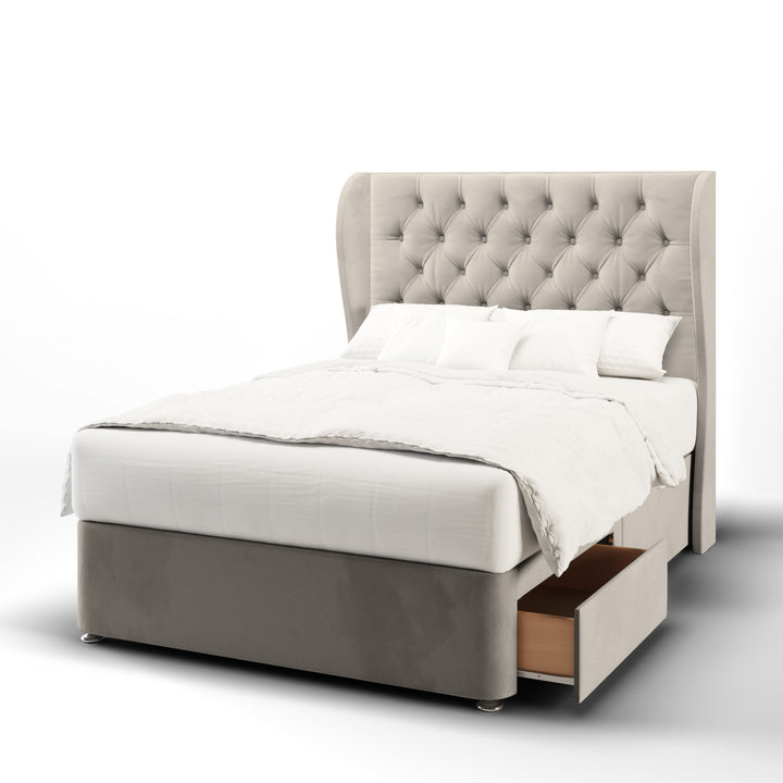Chesterfield Fabric Upholstered Middle Curve Winged Headboard with Divan Bed Base & Mattress