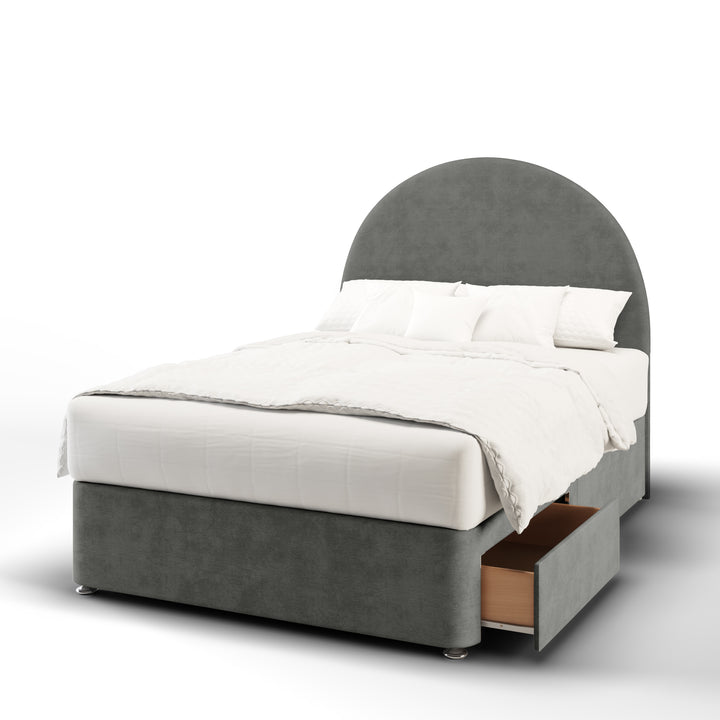 Half Moon Fabric Upholstered Floor Standing Headboard with Divan Bed Base & Mattress
