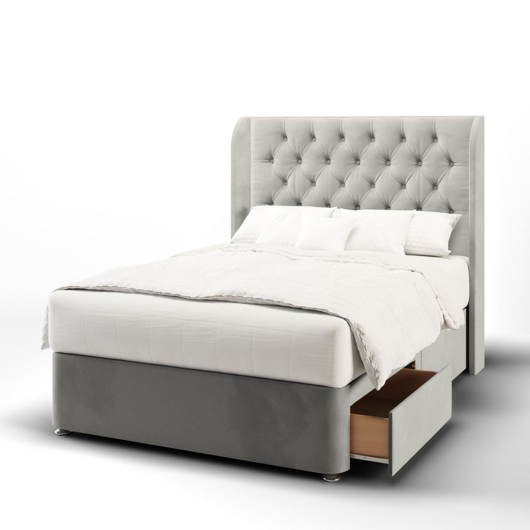 Chesterfield Fabric Upholstered Top Curve Winged Headboard with Divan Bed Base & Mattress