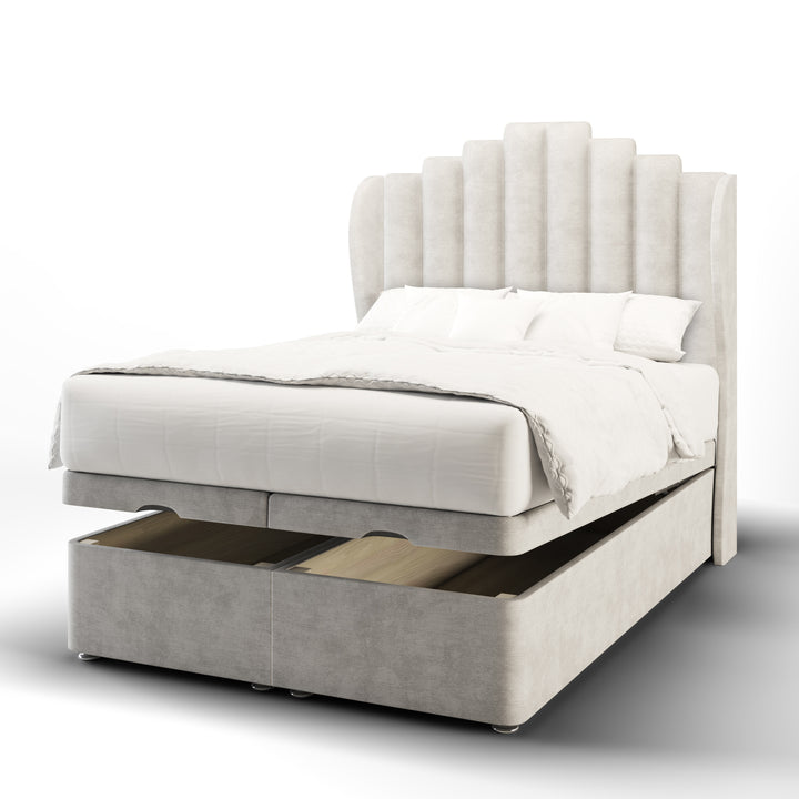Coco Fabric Upholstered Middle Curve Winged Headboard with Ottoman Storage Bed Base & Mattress